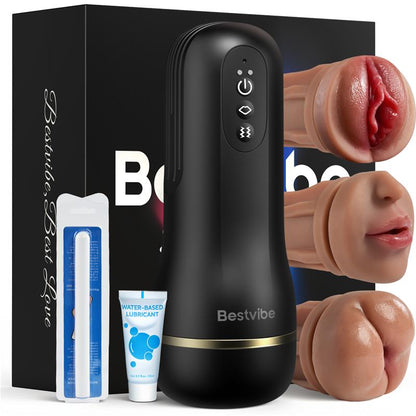 Bestvibe Pro‑ 3 verwisselbare hulzen, drie unieke genotsbelevingen, mannelijke masturbator, 5 zuig‑ & 10 trillingsmodi